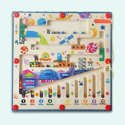 Space-themed Magnetic Color & Number Maze featuring planets, astronauts, aliens, rockets, satellites, and a space station, with ten color-coded numbered channels for educational play.